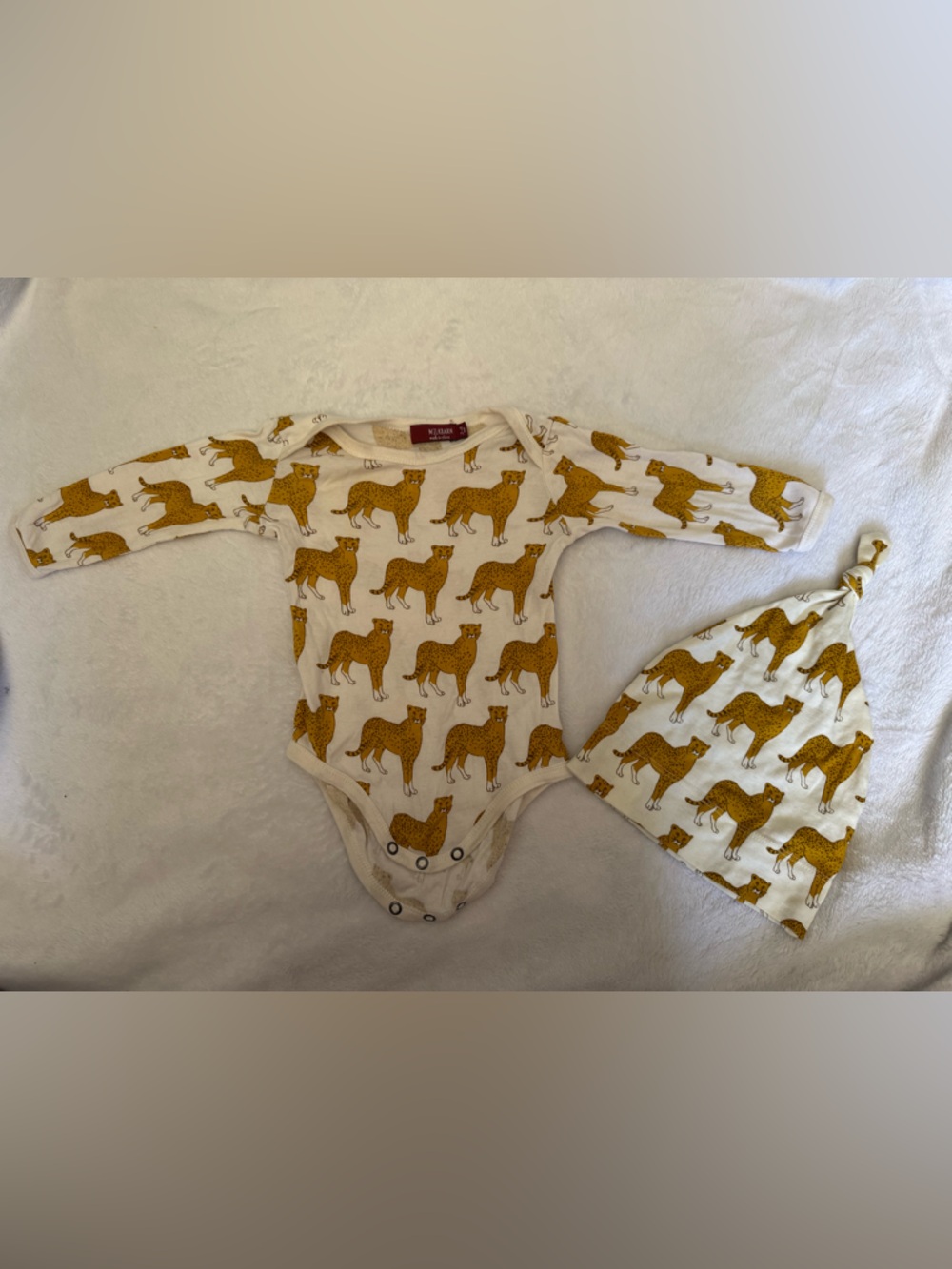 Milkbarn White One-Piece with Mustard Leopard Print and Matching Hat
